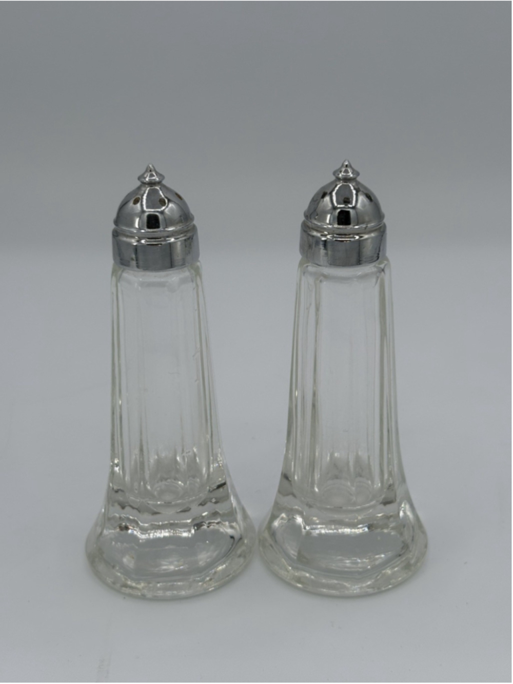 Vintage Glass Paneled Tower Salt Pepper Shakers Chrome Lids